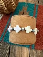Handcrafted Queen Pink Conch & Sterling Silver Pearl Cross Beaded Stretch Bracelet