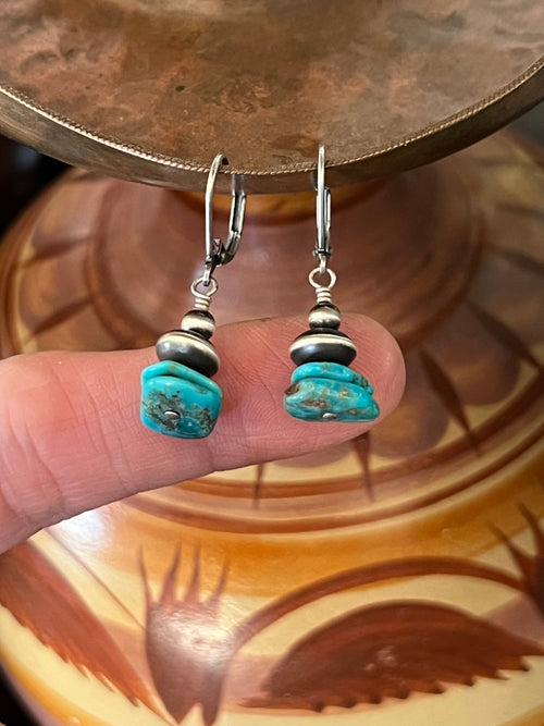 Navajo Made Sterling Silver Summer Lovin’ Sonoran Turquoise Beaded Drop Earrings, Leverback