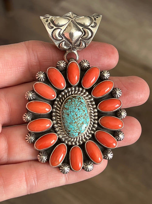 Navajo Sterling Silver, Mediterranean Coral and Spiderweb Turquoise Pendant by Tyler Brown