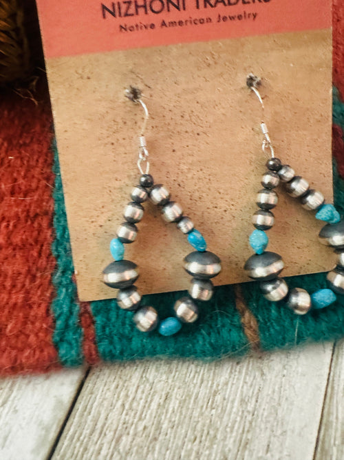 Handcrafted Turquoise & Sterling Silver Beaded Dangle Hoop Earrings