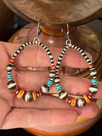 Navajo Made Electric Rainbow Sterling Silver, Turquoise & Spiny Oyster Beaded Drop Hoop Earrings, Leverback
