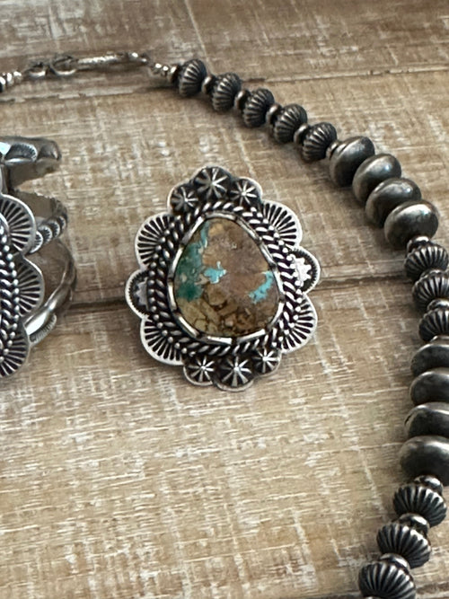 Charles Johnson Navajo Ribbon Turquoise & Sterling Silver Necklace, Bracelet and Ring Set Signed