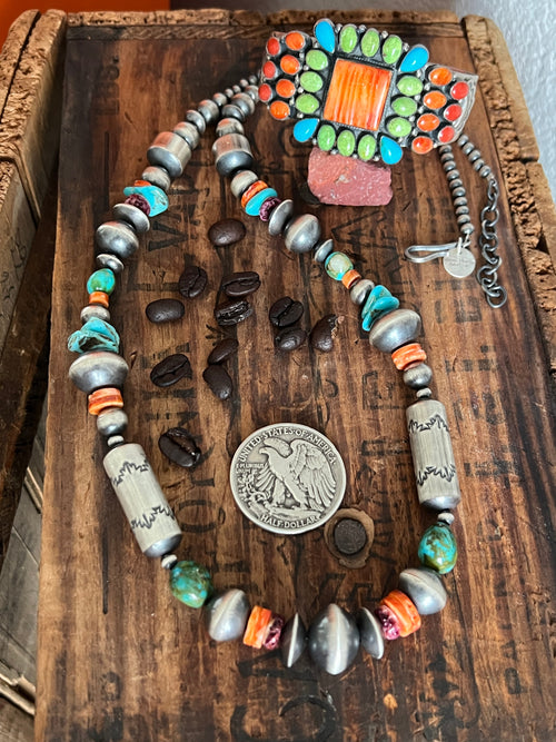Handcrafted Sterling Silver, Kingman Turquoise and Spiny Oyster Shell Handcrafted Electric Rainbow Beaded Necklace by Rose Martin, 26 + 1 inch