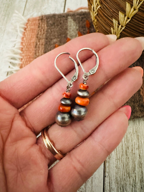Navajo Spiny Oyster & Sterling Silver Pearl Dangle Earrings