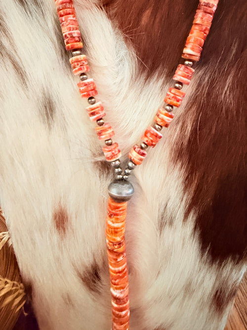 Handcrafted Spiny Oyster & Sterling Silver Beaded Lariat Necklace