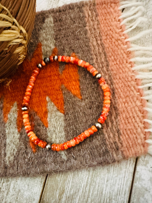 Navajo Orange Spiny & Sterling Silver Beaded Stretch Bracelet
