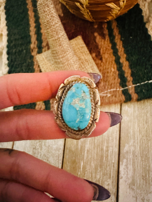 Old Pawn Handcrafted Turquoise & Sterling Silver Ring Size 9.75