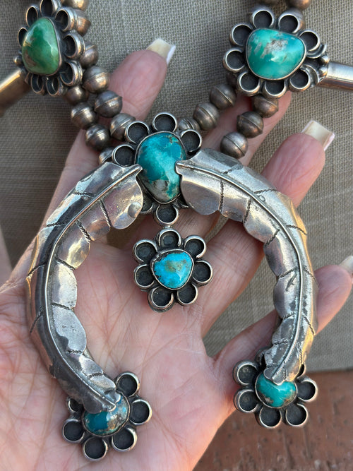 Estate Collection Old Pawn Turquoise & Sterling Silver Squash Blossom Necklace