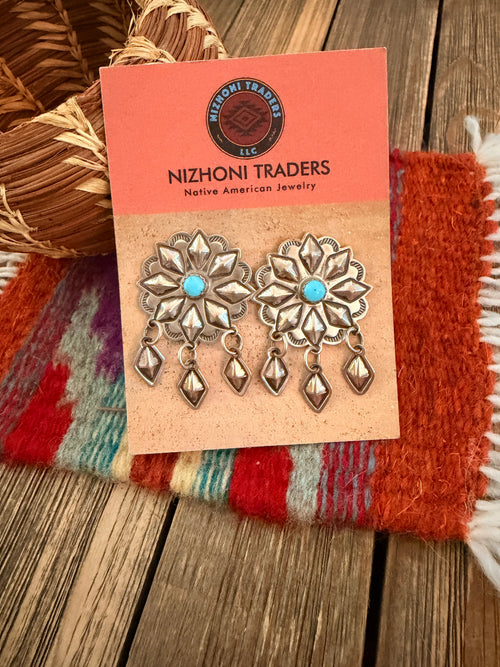 Handcrafted Old Pawn Turquoise and Sterling Silver Concho Dangle Earrings