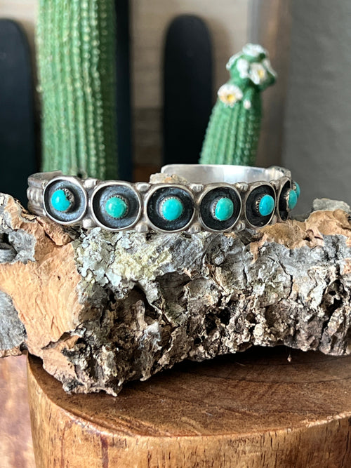 Handcrafted Vintage Sterling Silver and Round Turquoise Panel Stacker Cuff Bracelet