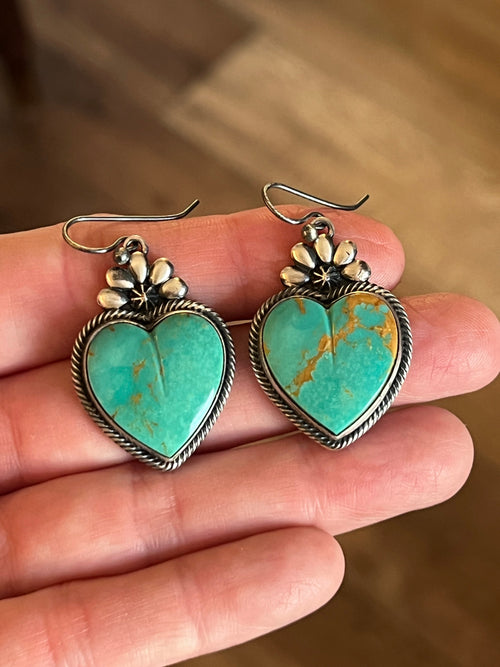 Navajo Sterling Silver and Kingman Turquoise Heart Charm Necklace and Earrings Set by Murphy Platero & Rose Martin