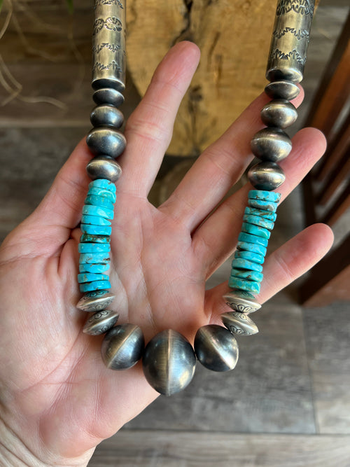 Navajo Sterling Silver and Kingman Turquoise Handmade Beaded Necklace by Rose Martin, 34 Inches