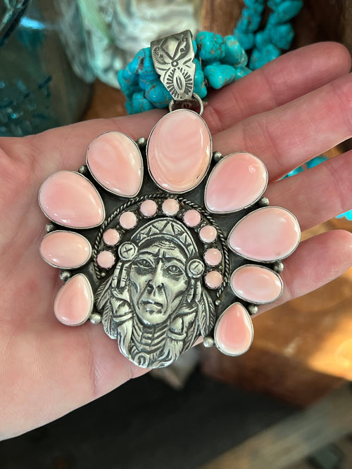 Handcrafted Sterling Silver Pink Conch Chief and Triple Strand Turquoise Nugget Bead Necklace by Patrick Yazzie