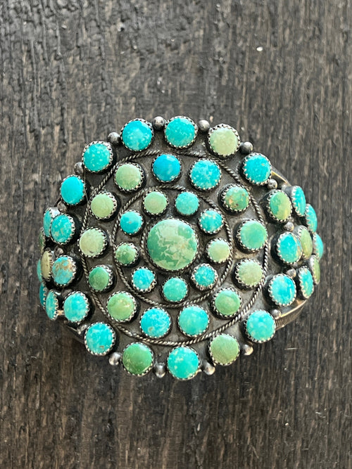 Handcrafted Vintage Sterling Silver and Fox Turquoise Cluster Cuff /