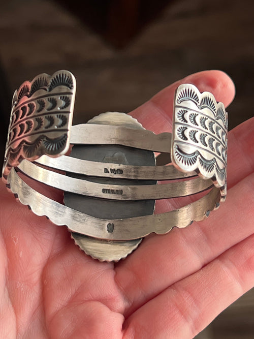 Handcrafted and Hand Stamped Sterling Silver and Royston Turquoise Cuff Bracelet by Diane Wylie