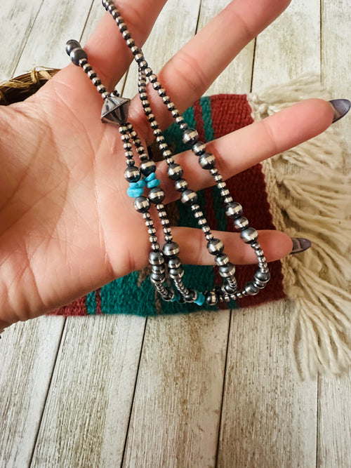 Handcrafted Turquoise & Sterling Silver Pearl 6mm Beaded Lariat Necklace 20"