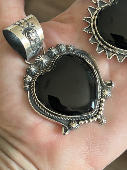 Apache Sterling Silver and Black Onyx Heart Pendants by Rosella Paxson