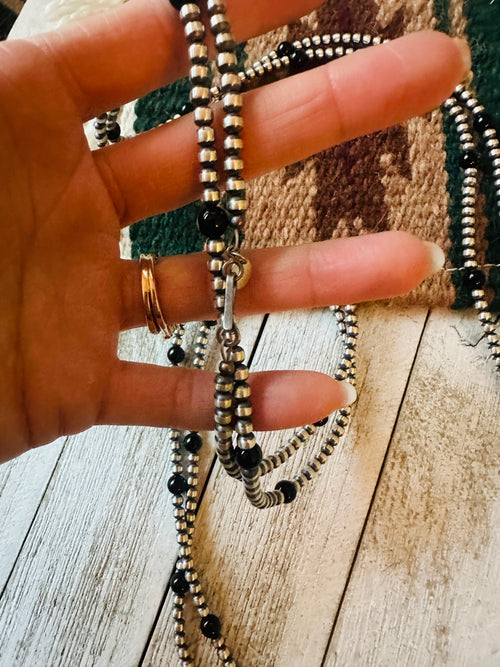 Pearl Sterling Silver & Onyx 70 inch Beaded Necklace