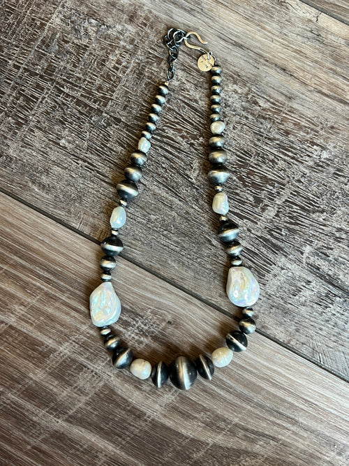 Navajo Sterling Silver and Freshwater Pearl Handmade Beaded Necklace by Rose Martin, 16 Inches