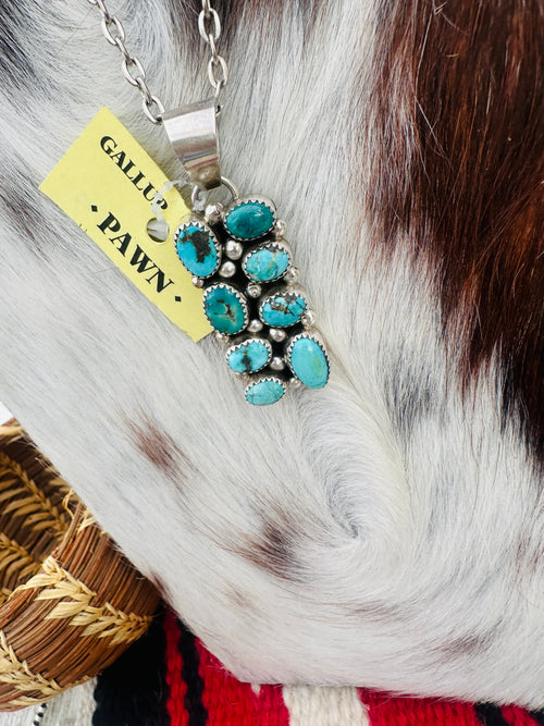 Old Pawn Handcrafted Sterling Silver and Turquoise Cluster Necklace