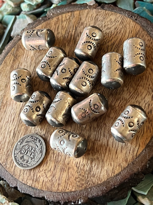 Handmade Stamped Sterling Silver Fat Barrel Beads, The Dancer