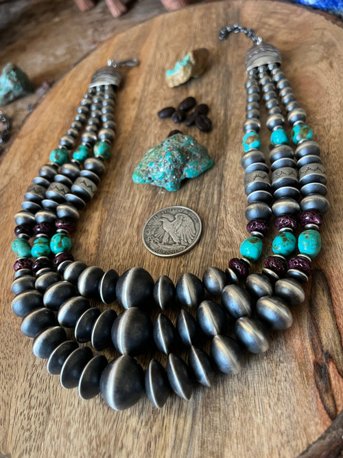 Rose Martin Handcrafted Triple Strand Sterling Silver, Purple Spiny Oyster and Kingman Turquoise Bead Necklace