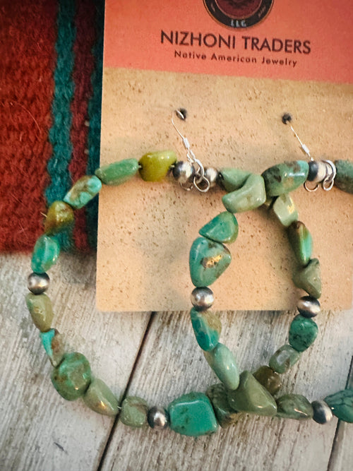 Handcrafted Turquoise and Sterling Silver Beaded Dangle Hoop Earrings