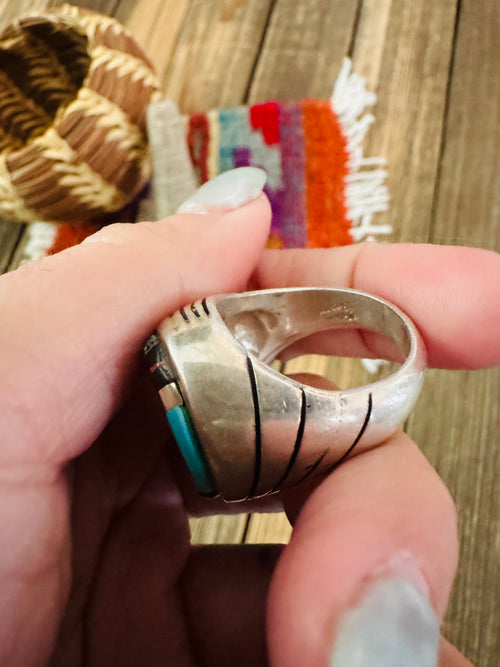 Old Pawn Handcrafted Multi Stone & Sterling Silver Inlay Ring Size 7.5 by Calvin Begay