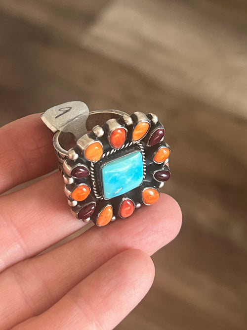 Navajo Electric Rainbow Turquoise and Spiny Oyster Ring by Angela Martin and Bernyse Chavez, Size 9