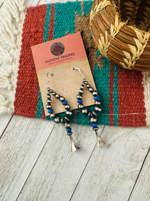 Navajo Lapis & Sterling Silver Pearl Beaded Blossom Hoop Earrings