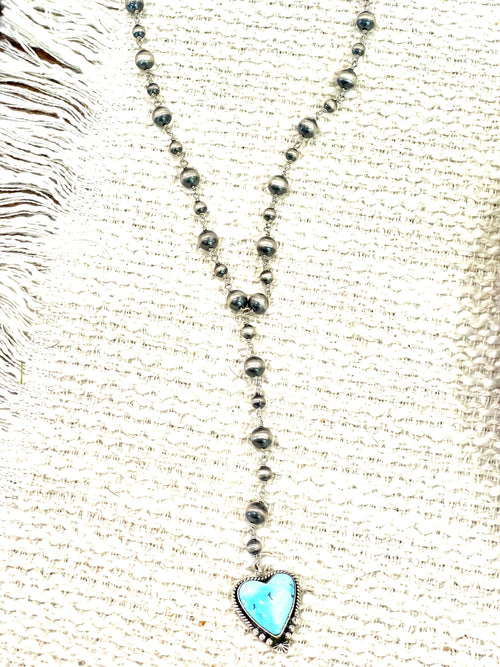 Gorgeous Handmade Sterling Silver & Golden Hills Turquoise Beaded Lariat Heart Necklace