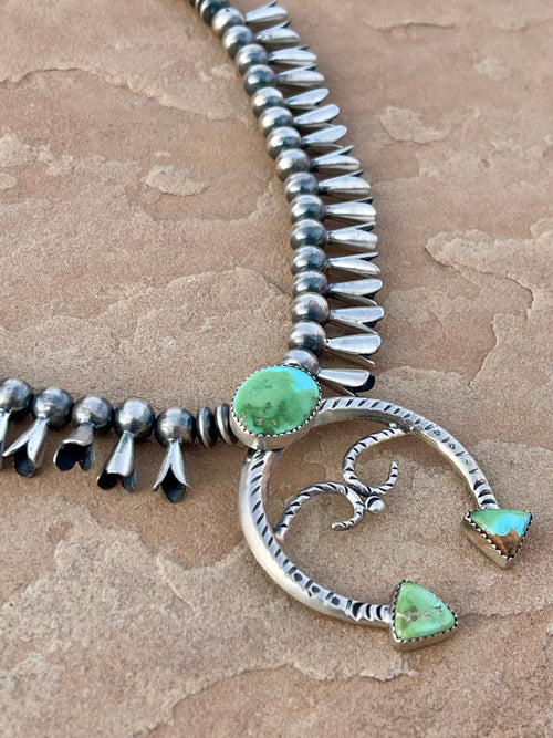 Beautiful Handmade Sterling Silver & Sonoran Mountain Turquoise Squash Blossom Necklace