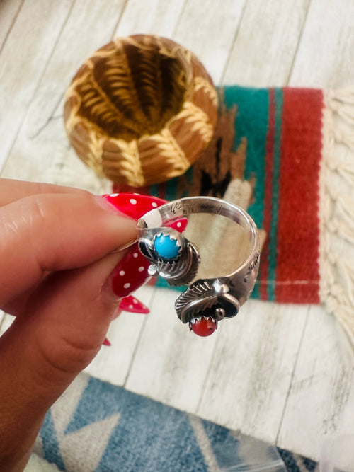 Old Pawn Navajo Sterling Silver, Turquoise & Coral Adjustable Ring