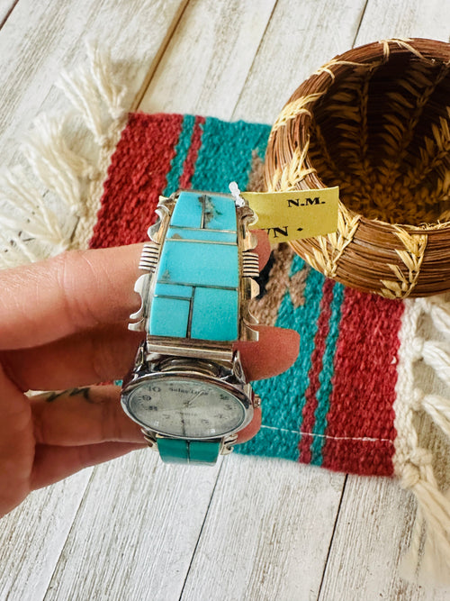 Handcrafted Old Pawn Vintage Turquoise & Sterling Silver Inlay Watch