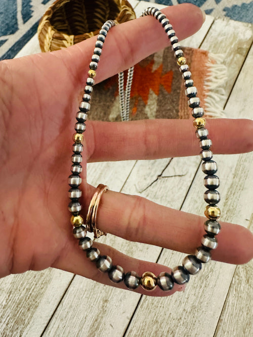 Navajo Sterling Silver & Gold Beaded 20” Necklace