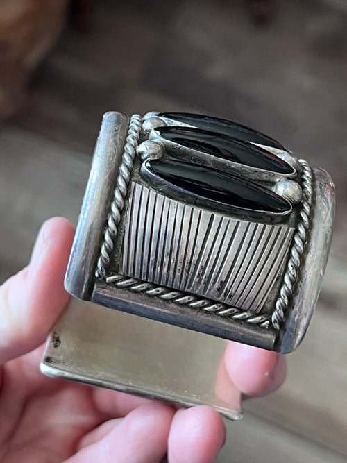 Old Pawn Sterling Silver and Black Onyx Cuff Bracelet by Tommy Moore