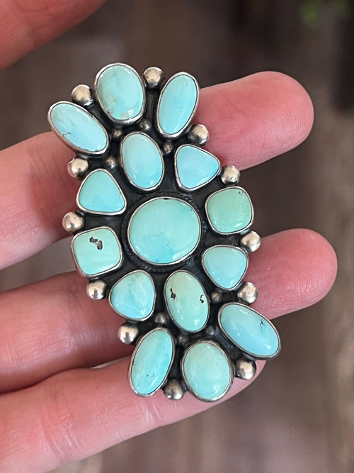 Old Pawn Navajo Sterling Silver and Dry Creek Turquoise Cluster Ring by Verdy Jake, Adjustable