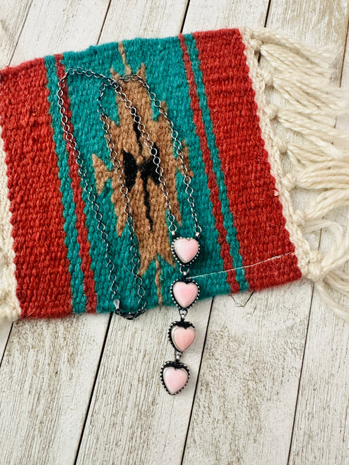 Handcrafted Queen Pink Conch & Sterling Silver Pearl Lariat Heart Necklace
