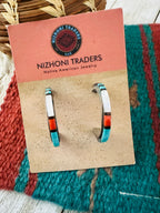 Handcrafted Old Pawn Sterling Silver & Multi Stone Inlay Hoop Earrings