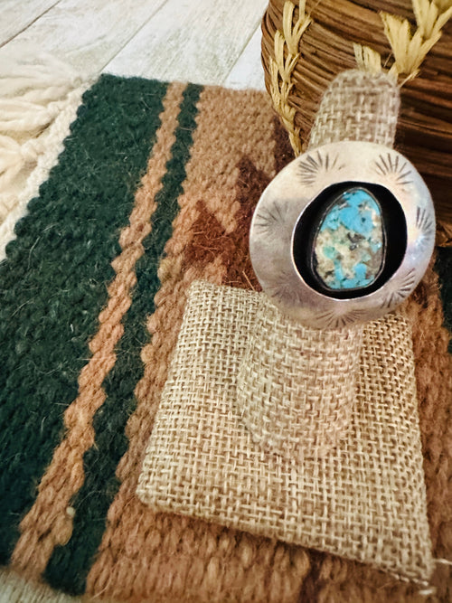 Old Pawn Handcrafted Turquoise & Sterling Silver Shadowbox Ring Size 7
