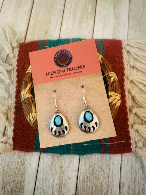 Handcrafted Old Pawn Sterling Silver & Turquoise Bear Paw Dangle Earrings