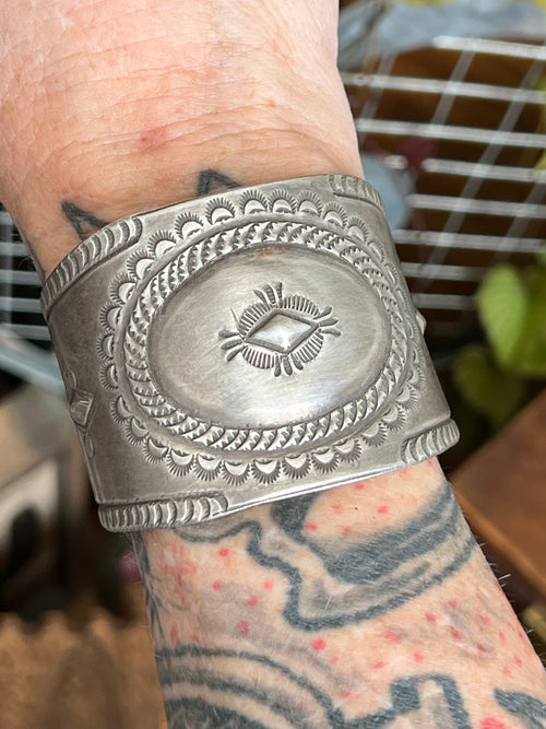 Hand Forged Old Pawn Sterling Silver Ingot Cuff Bracelet by Santa Fe Artist Buffalo, Concho Grande