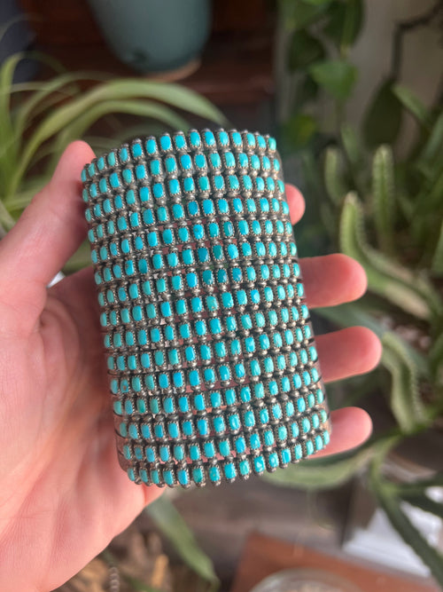 Handcrafted Stunning Old Pawn 15 Row Sterling Silver & Turquoise Gauntlet Style Cuff Bracelet by Clark Couyancy /