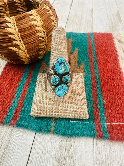 Old Pawn Navajo Sterling Silver & Kingman Turquoise Cluster Ring Size 10.25