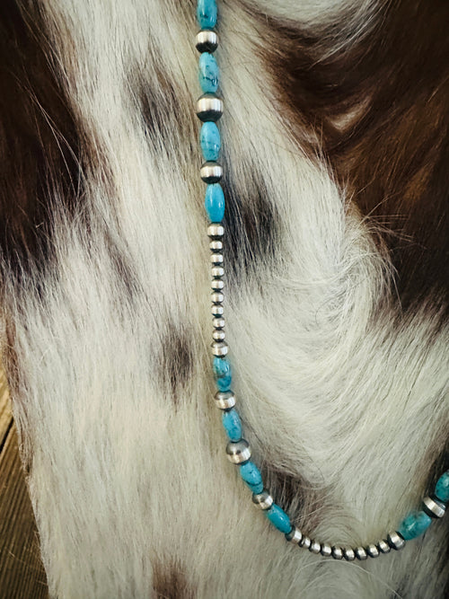 Handcrafted Turquoise & Sterling Silver Pearl 20” Beaded Necklace