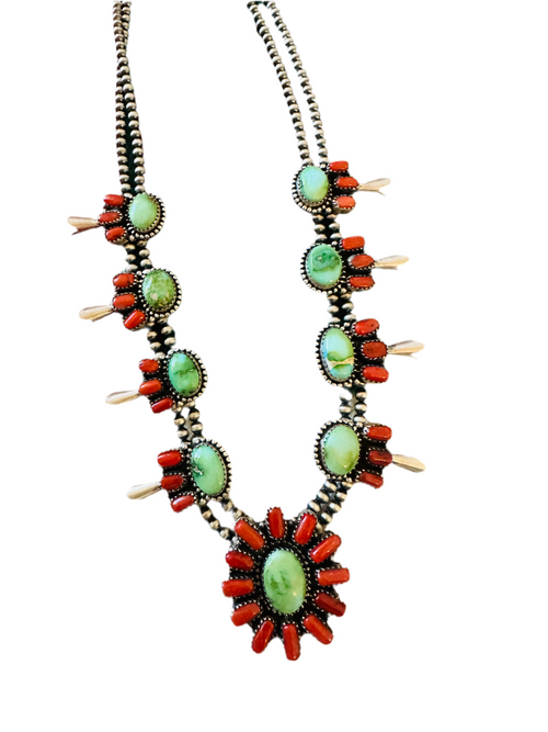 ** Christmas Collection ** Handmade Sterling Silver, Turquoise & Coral Necklace Signed Nizhoni