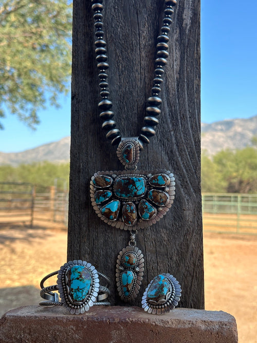 Charles Johnson Navajo Number 8 Turquoise & Sterling Silver Necklace, Bracelet and Ring Set Signed