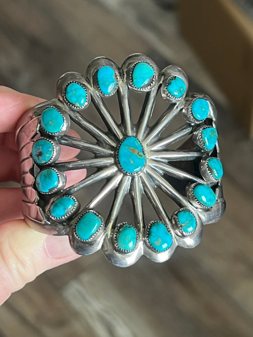 Vintage Cast Sterling Silver and Turquoise Flower Motif Cuff Bracelet