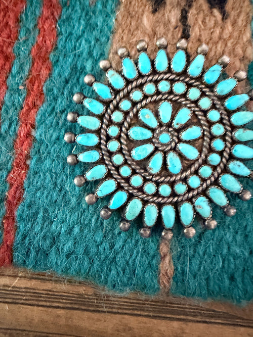 Old Pawn Handcrafted Turquoise and Sterling Silver Cluster Brooch