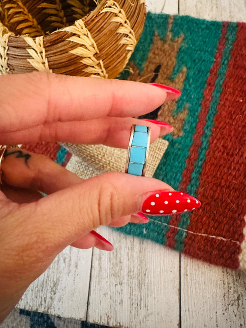 Old Pawn Navajo Sterling Silver & Turquoise Inlay Band Ring